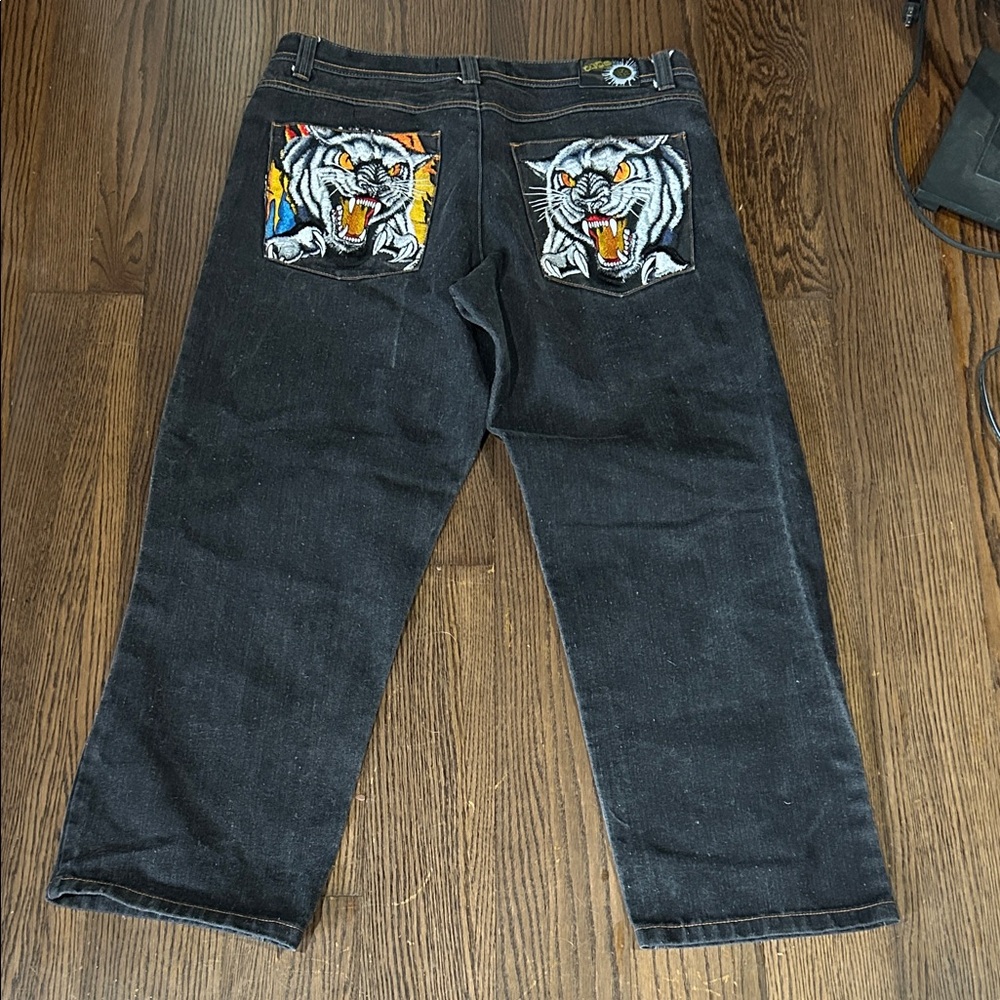 Vtg EXA black denim baggy Y2K Tiger embroidered hip hop jeans sz 40 x 31